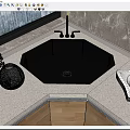 Modern Kitchen With Hexagonal Black Sink Light Countertop Wooden Cabinets Window Urban View Green Plant