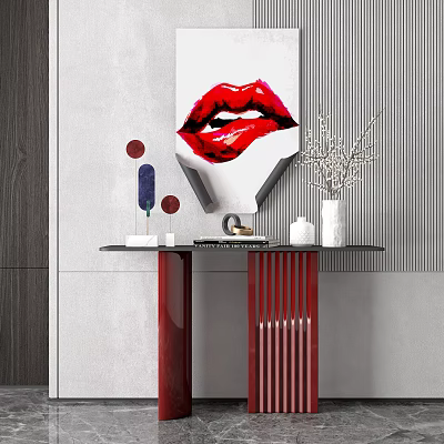 Stylish Console Table Featuring Red Lips Painting Red Legs And Decorative Vase 3d model