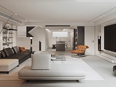 Modern Basement Living Space With Spacious Layout Sofa TV Bookshelf And Chair 3d model