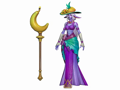 Elf Female Character In Purple Green Robe With Feathered Hat And Golden Crescent Staff 3d model