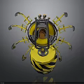 Yellow Mechanical Device With Black Stripes Multi Mechanical Arms And Central Core Structure