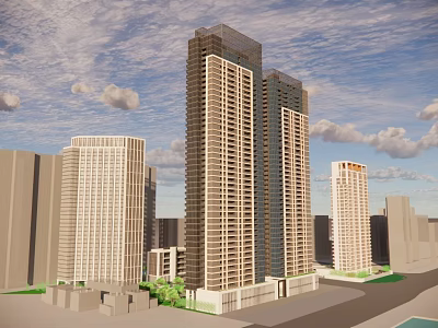 Modern High Rise Residential Buildings in Urban Cityscape With Greenery And Blue Sky 3d model