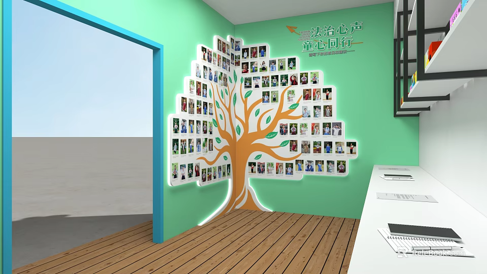 Exhibition Hall Cultural Wall With Tree Shaped Design And Photo Displays 3d model 