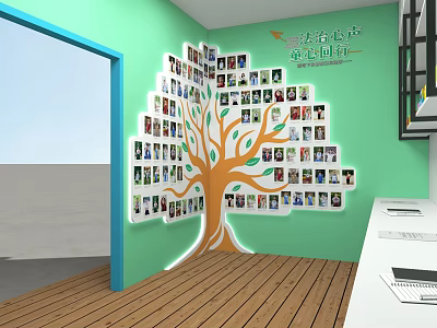 Exhibition Hall Cultural Wall With Tree Shaped Design And Photo Displays 3d model