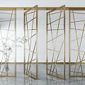 Golden Geometric Pattern Screen Partition With Foldable Panels Plant Background And Marble Floor 3d model