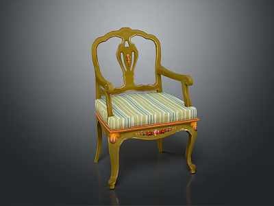 Elegant Armchair with Gold Frame Striped Cushion Carved Backrest and Armrests Design 3d model