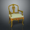 Elegant Armchair with Gold Frame Striped Cushion Carved Backrest and Armrests Design