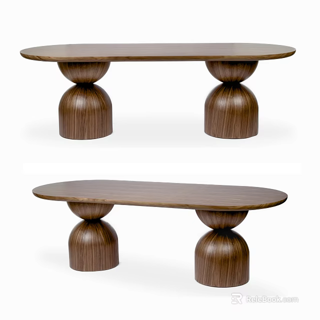 Modern Minimalist Wooden Dining Table With Oval Top And Spherical Legs 3d model 