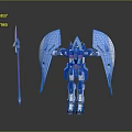 Blue And White Robot Character With Mechanical Wings And Red Spear Weapon