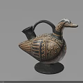 Ancient Duck Shaped Ceramic Vessel With Brown Black Patterns Curved Handle And Round Base 3d model