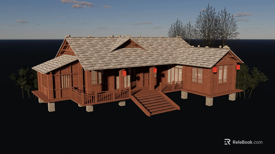 Traditional Wooden House Exterior With Red Lanterns And Ocean View Veranda Steps 3d model 
