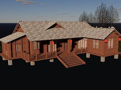 Traditional Wooden House Exterior With Red Lanterns And Ocean View Veranda Steps 3d model