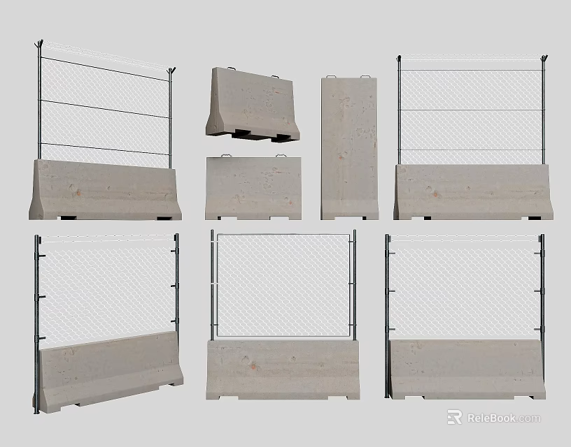 Temporary Construction Fence With Concrete Base And Metal Mesh Panel Designs 3d model 