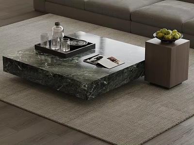 Dark Green Marble Coffee Table With Tray Glassware Bottle And Magazine Beside Wooden Side Table 3d model