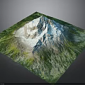 3D Terrain Model of Mountain with Green Vegetation and White Snow-Capped Peak