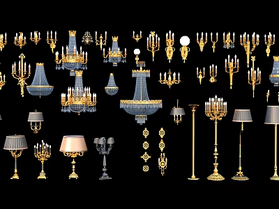 Ornate Golden Crystal Chandeliers Table Floor Lamps Wall Sconces Lighting Combinations 3d model