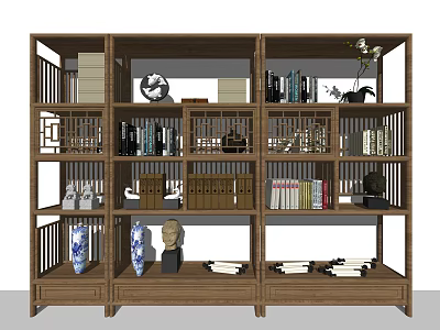 Wooden Traditional Chinese Bogu Shelf Displaying Multi Tiered Books Ceramic Vases Clock Sculpture And Plant 3d model