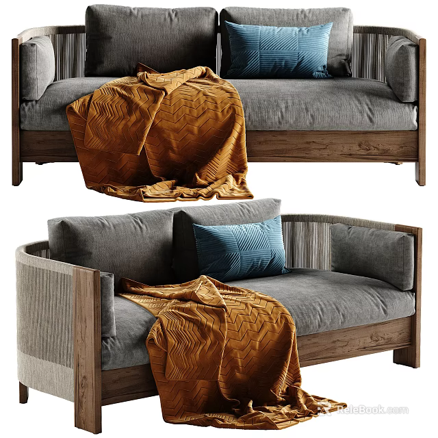 Grey Two Seater Sofa with Wooden Frame Orange Blanket and Blue Cushions 3d model 