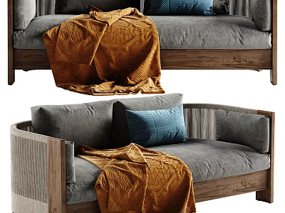 Grey Two Seater Sofa with Wooden Frame Orange Blanket and Blue Cushions 3d model