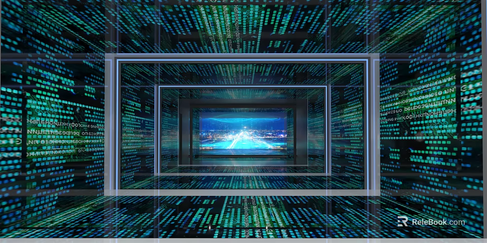 Innovative Digital Tech Space With Nested Frames Central Screen Cityscape And Flowing Data Streams 3d model 