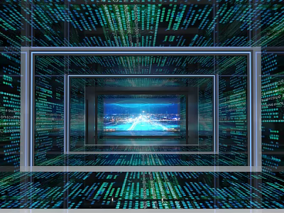 Innovative Digital Tech Space With Nested Frames Central Screen Cityscape And Flowing Data Streams 3d model
