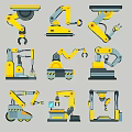 Yellow Gray Industrial Robot Silhouettes With Different Poses And Mechanical Arms