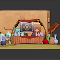 Cartoon Small Shop Scene With Yellow Building Red Awning and Colorful Bottles