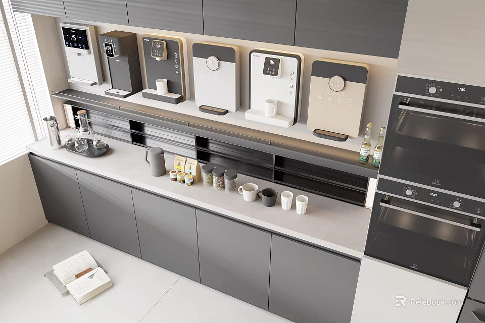 Modern Kitchen With Neatly Arranged Household Appliances Water Dispensers And Countertop 3d model 