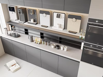 Modern Kitchen With Neatly Arranged Household Appliances Water Dispensers And Countertop 3d model