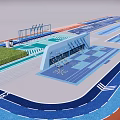 Modern Outdoor Recreational Area With Blue Green Track Railings And Signage
