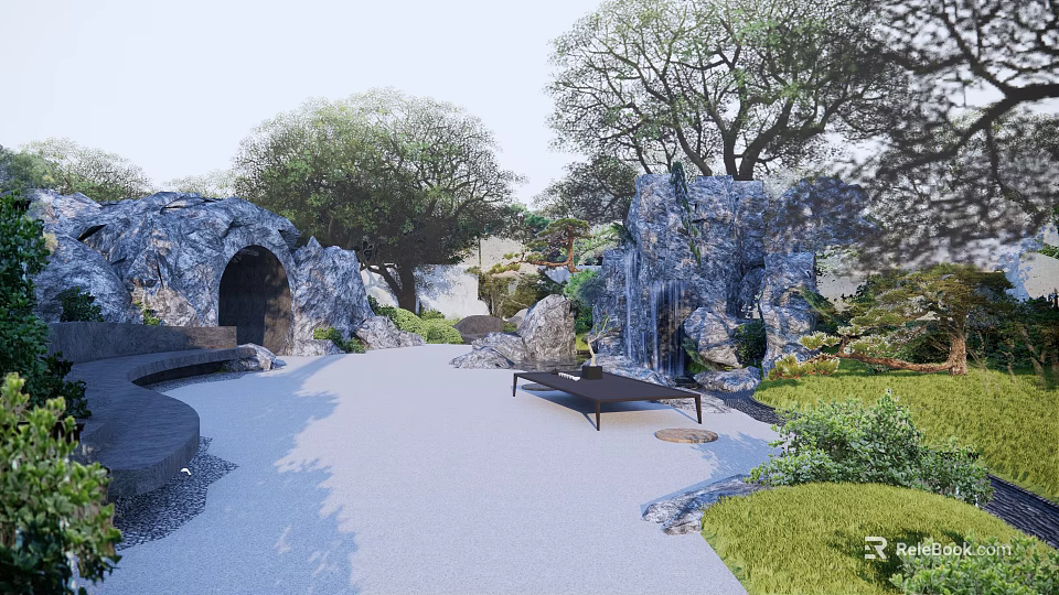 Natural Rockery Stones In Serene Garden With Trees Path And Seating 3d model 