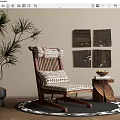 Wooden Leisure Chair with Geometric Cushion and Potted Plant by Wooden Panel Wall Decor