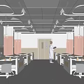 Hospital Outpatient Clinic Interior With Multiple Beds Red Striped Walls Ceiling Lighting And Medical Staff