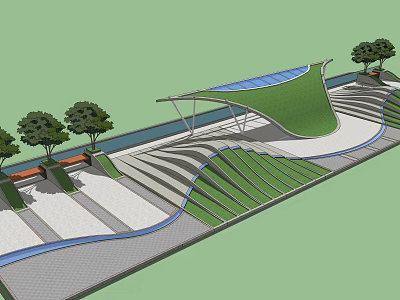 Modern Landscape Design With Curved Walkway Wavy Green Lawn Green Canopy Trees And Benches 3d model
