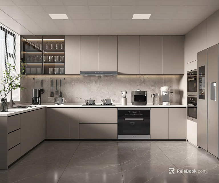 Modern Gray Kitchen Interior With Integrated Cabinets And Sleek Countertop Appliances 3d model 