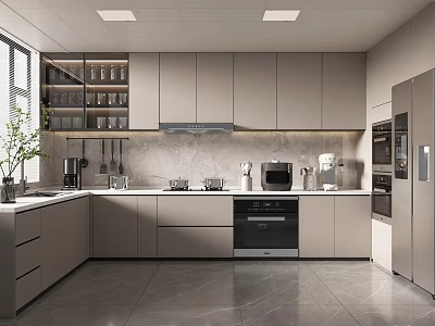 Modern Gray Kitchen Interior With Integrated Cabinets And Sleek Countertop Appliances 3d model