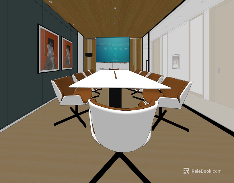 Modern Conference Room Interior With Long Table Chairs Wall Art And Screen 3d model 