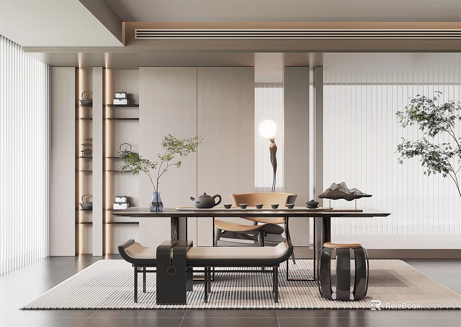 Modern Tea Room Interior With Long Table Tea Set Plants Minimalist Furniture And Lighting 3d model 
