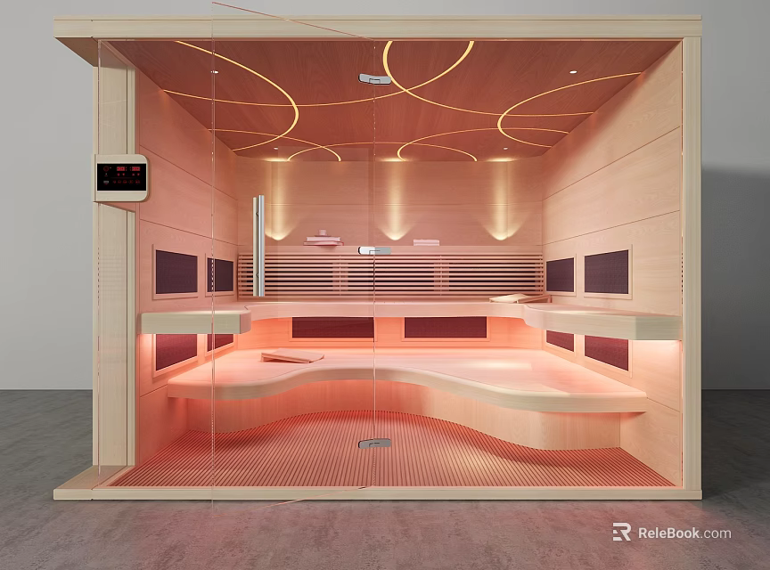 Modern Sauna Interior Design With Wooden Structure And LED Lighting Glass Door And Comfortable Seats 3d model 