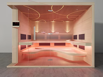 Modern Sauna Interior Design With Wooden Structure And LED Lighting Glass Door And Comfortable Seats 3d model