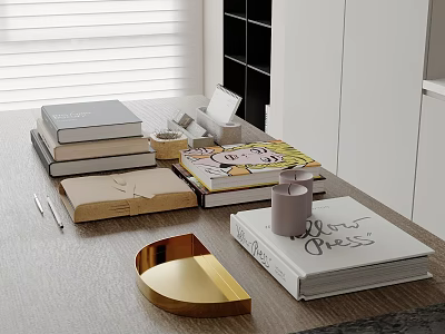 Elegant Modern Desk Setup With Books Candle Gold Tray And Stationery Items 3d model