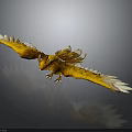 Yellow Eagle Flying with Spread Wings on Dark Background Detailed Feathers