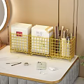 Yellow Metal Grid Storage Rack for Desktop Organization with Tissue Boxes Cosmetics and Combs 3d model