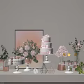 Decorative Ornament Set with Pink Cake Flower Bouquets Copper Decorations and Glass Display Stands