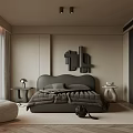 Modern Bedroom Interior With Gray Bed Beige Walls Black Decorative Art And Herringbone Wooden Floor