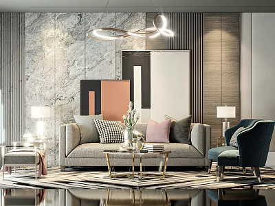 Elegant Modern Living Room Interior With Marble Wall Chandelier Gray Sofa Pillows And Coffee Table 3d model