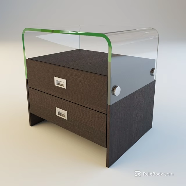 Modern Dark Wood Bedside Table Design With Two Drawers And Glass Green Trim Top 3d model 