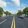 Road Infrastructure Features Asphalt Road Yellow Double Solid Lines Street Lamps And Trees