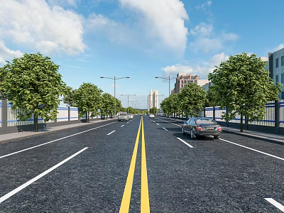 Road Infrastructure Features Asphalt Road Yellow Double Solid Lines Street Lamps And Trees 3d model