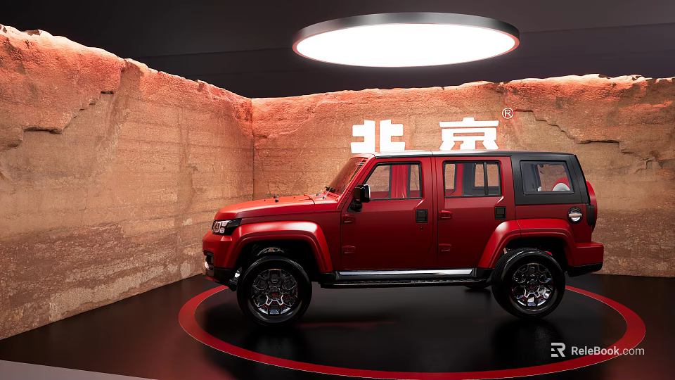 Red Beijing Off Road Vehicle Display With Rock Wall Round Ceiling Light And Black Floor 3d model 